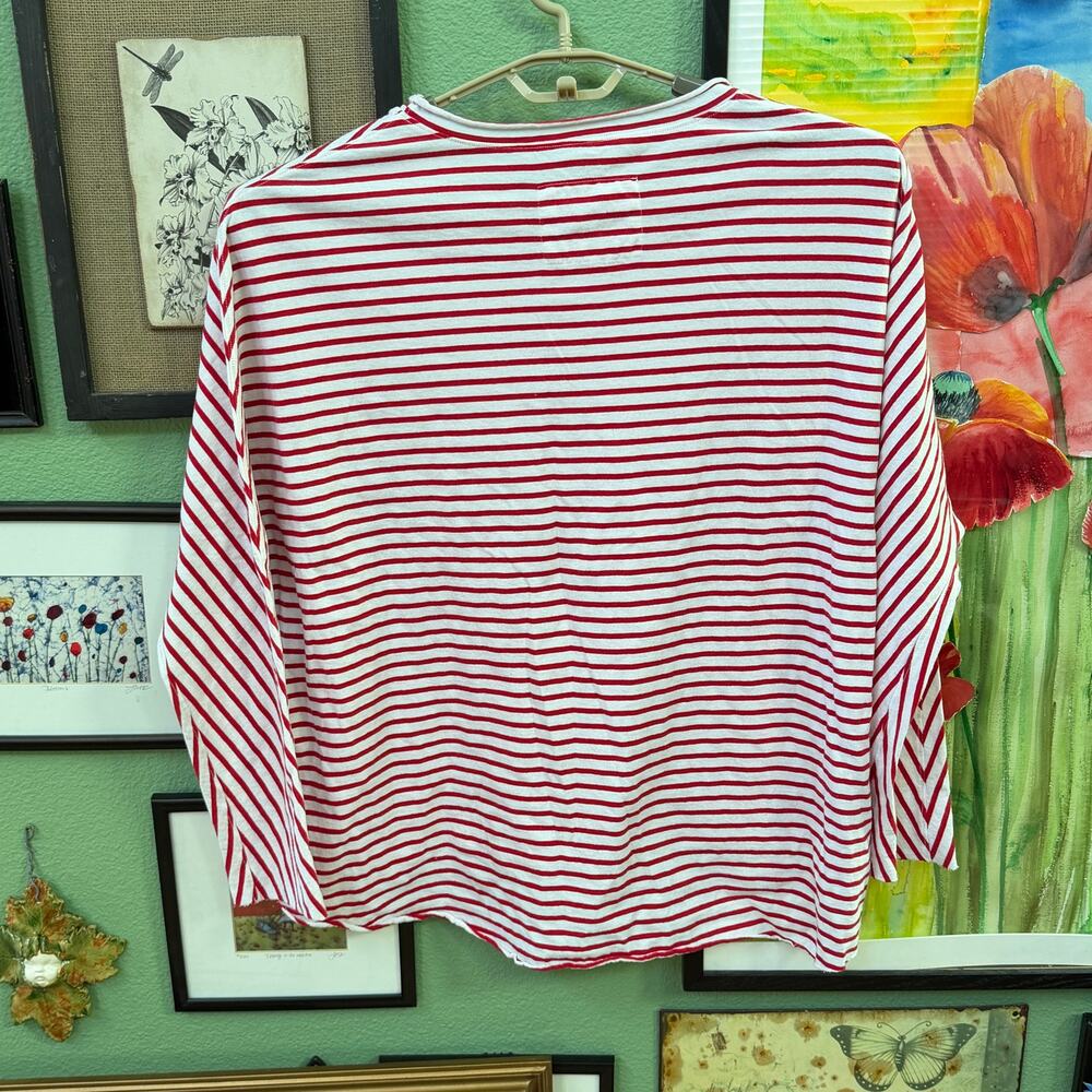 Frank & Eileen Shirt Top Women SZ XL Red Stripe Cotton Top Raw Hem Coastal Chic - Picture 8 of 14